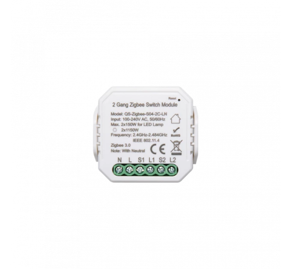 Двухканальный релейный ZigBee модуль QS-Zigbee-S04-2C-LN